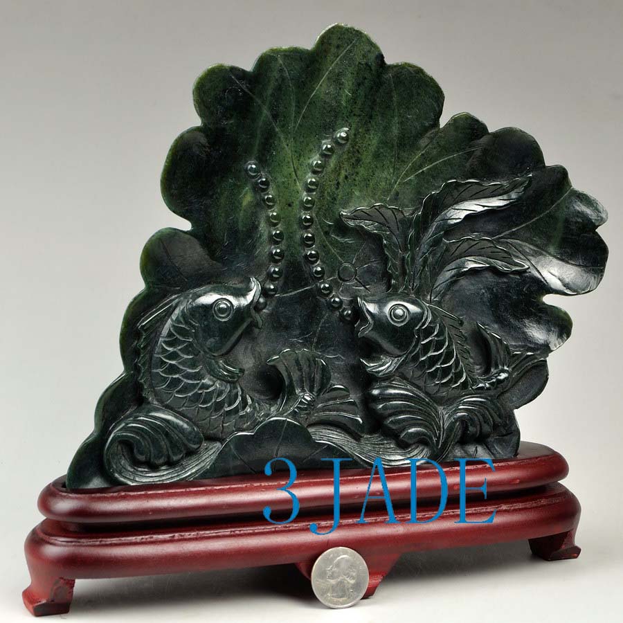 Hand Carved Natural Nephrite Jade Carving Koi Fish Statue / Sculpture