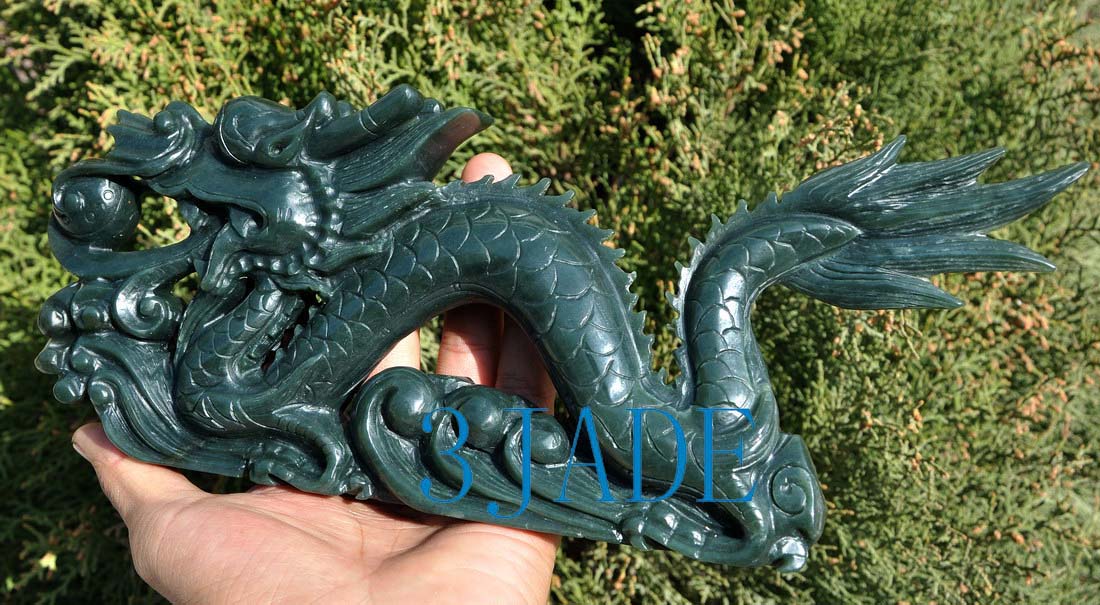 11" Hand Carved Natural Nephrite Jade Carving Dragon Statue