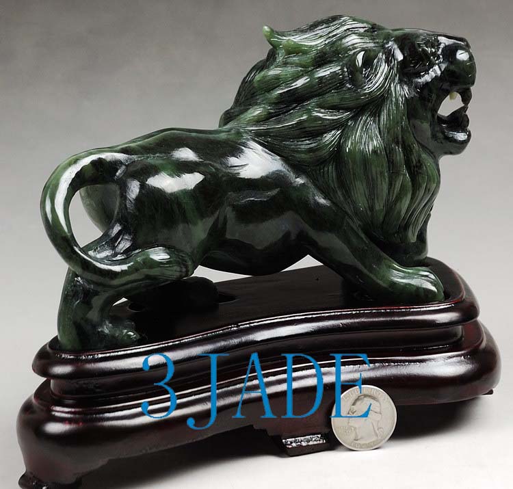 Natural Green Nephrite Jade Lion Statue / Carving / Sculpture / Art / Foo Dog 3JADE wholesale
